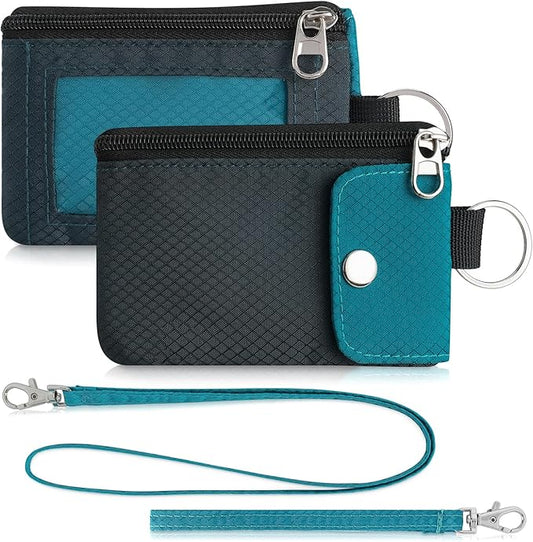 Minimalist Wallet For Mens Womens, Keychain RFID Blocking Zipper Small Wallet with ID Window 2 Lanyards,Water Resistant Travel Cash Card Coin Case Boys Girls