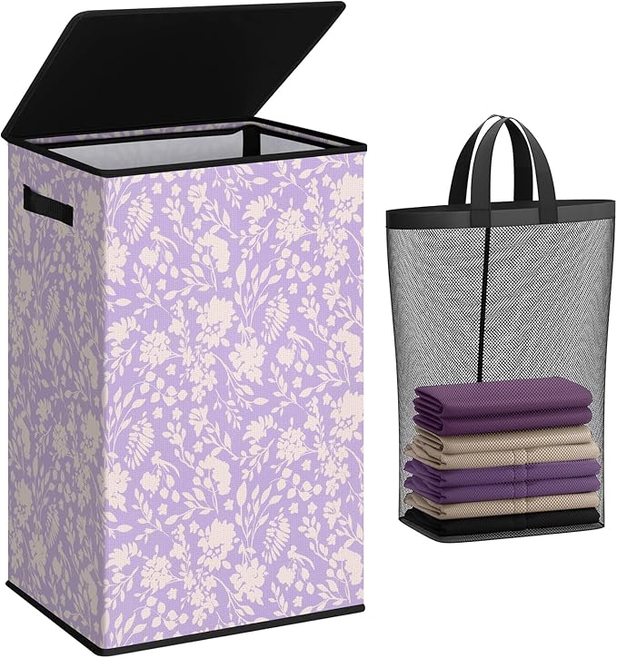 SOLEDI Laundry Hamper with Lid, 90L Tall & Large Floral Laundry Basket, Collapsible Clothes Hamper with Removable Bag, Dirty Hampers for Bedroom, Bathroom, Laundry Room