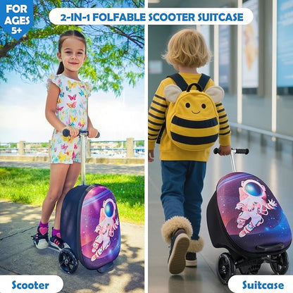 Yacul Kids Suitcase Scooter, 2-in-1 Foldable Luggage with LED Light Wheels, Lightweight Carry-On Travel Suitcase for Boys and Girls(Blue)