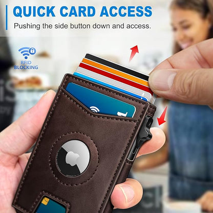 Airtag Wallet for Men,with Money Clip Gift Boxed,Slim Front Pocket Wallet RFID Blocking Metal Case Smart Pop-up Credit Card Holder in Magnetic Leather Flip