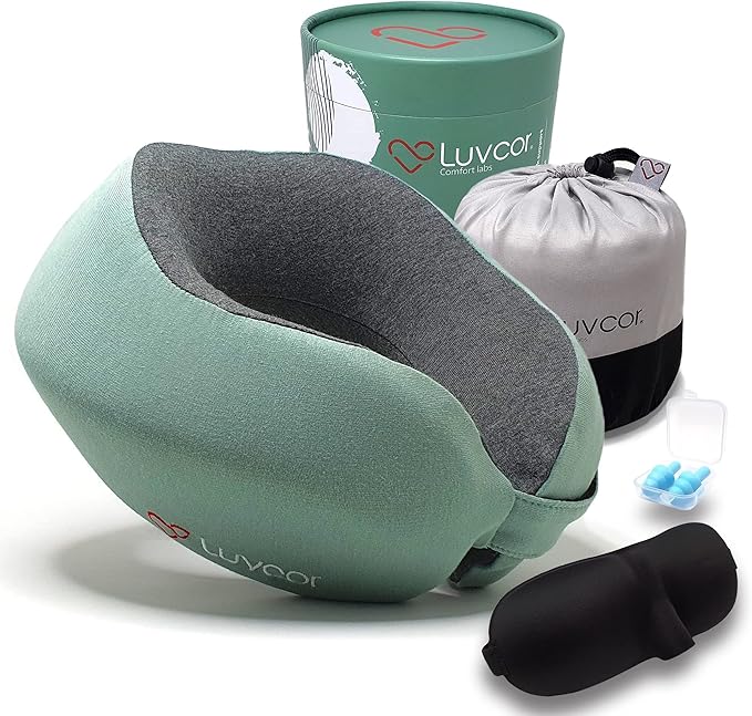 Premium Quality Memory Foam Travel Neck Pillow Bundle - Best Ergonomic Pillow for Airplane Travel, car Ride, Sleeping. Comes with Eye mask, earplugs and Storage Bag. (Imperial Green)