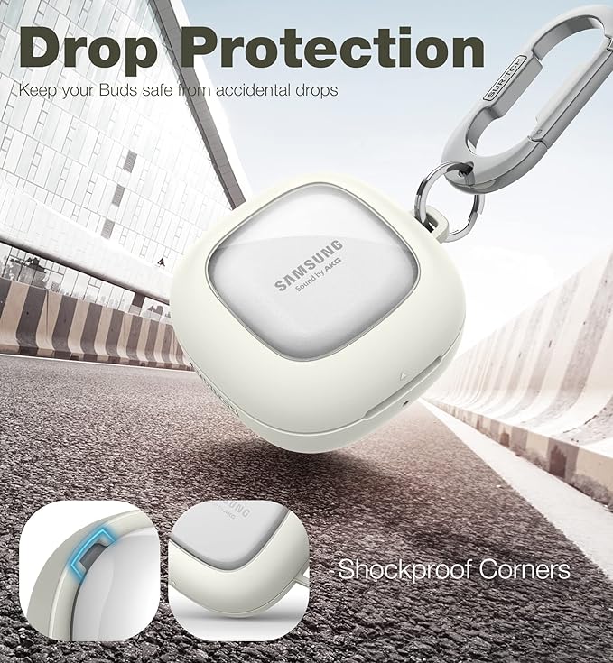 SURITCH for Samsung Galaxy Buds 2 Pro Case(2022)/Galaxy Buds 2 Case(2021)/Galaxy Buds Live Case(2020)/Galaxy Buds Pro Case(2021) Hard Clear PC Shockproof TPU White Cover with Silver Carabiner