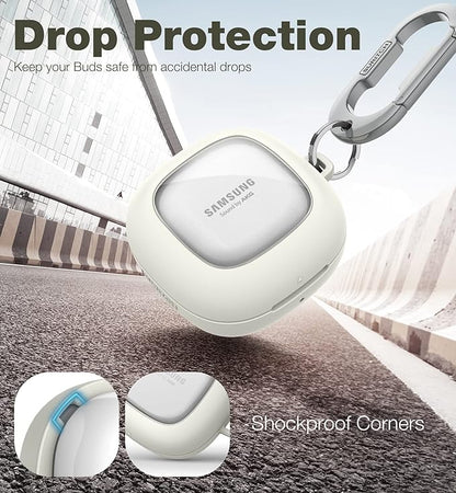 SURITCH for Samsung Galaxy Buds 2 Pro Case(2022)/Galaxy Buds 2 Case(2021)/Galaxy Buds Live Case(2020)/Galaxy Buds Pro Case(2021) Hard Clear PC Shockproof TPU White Cover with Silver Carabiner