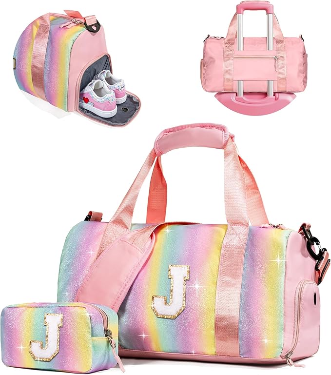Gifts for Niece-Girl Gym Bag with Shoe Compartment, Kid Personalized Weekender Overnight Bags, Initial Travel Tote with Makeup Pouch, Birthday Gift for Sister Granddaughter (Letter J)