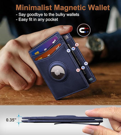 Airtag Wallet for Men- with Money Clip Gift Boxed, Magnetic Closure Slim Genuine Leather Front Pocket Wallet, 4.1"x 2.8", RFID Blocking
