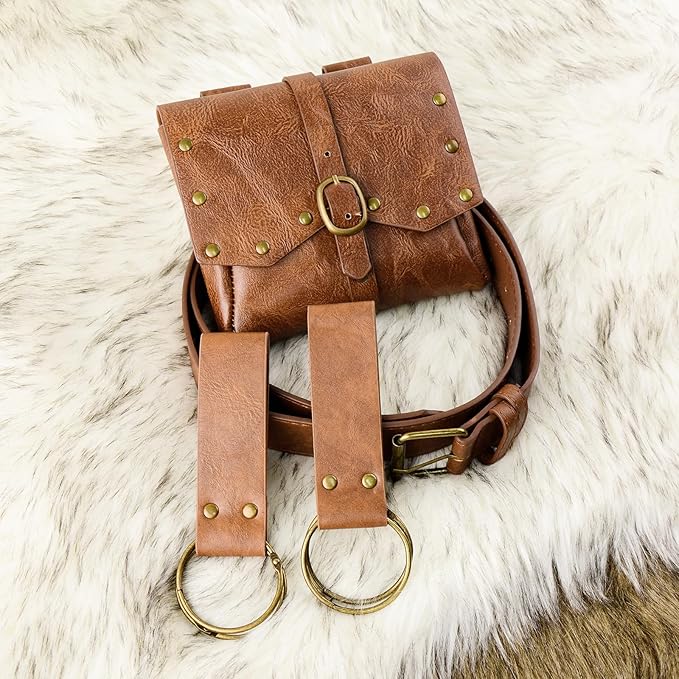 Renaissance Belt Pouch Viking Leather Medieval Belt Waist Bag Pirate Cosplay Festival Halloween Adjustable Accessories (Brown)
