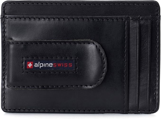 Alpine Swiss RFID Dermot Money Clip Front Pocket Wallet For Men Leather Hampton Collection Glossy Nappa Black