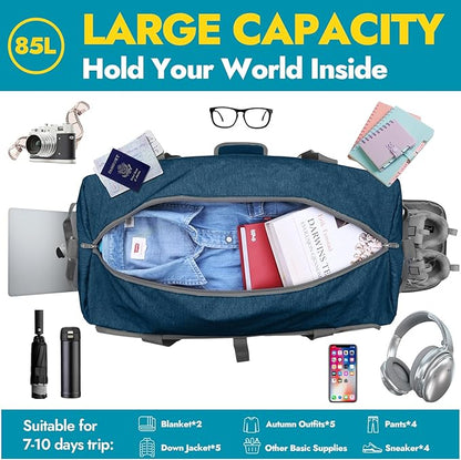 Canway 85L Travel Duffel Bag, Foldable Weekender Bag with Shoes Compartment for Men Women Water-proof & Tear Resistant