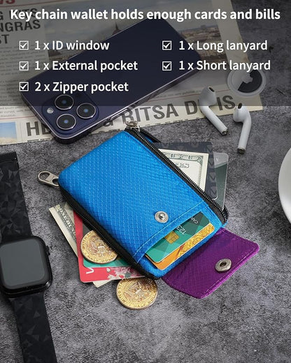 Minimalist Wallet For Mens Womens, Keychain RFID Blocking Zipper Small Wallet with ID Window 2 Lanyards,Water Resistant Travel Cash Card Coin Case Boys Girls