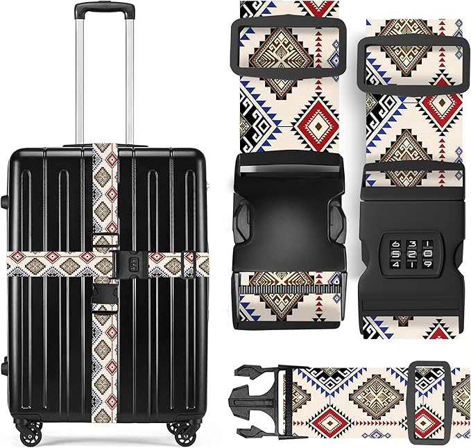 2 Pack Luggage Straps, Adjustable Cute Printing with Combination Lock Luggage Straps for Women Men Travel School Business Trips-Boho