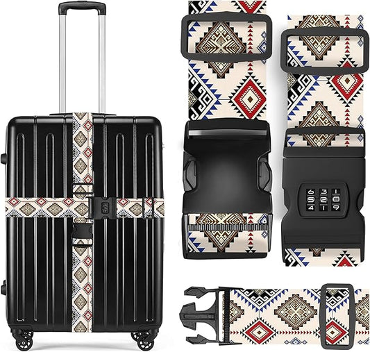 2 Pack Luggage Straps, Adjustable Cute Printing with Combination Lock Luggage Straps for Women Men Travel School Business Trips-Boho