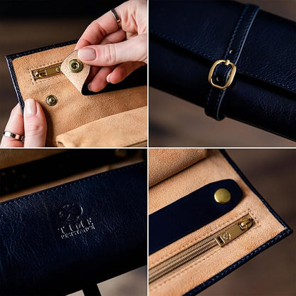 Time Resistance Leather Jewelry Roll - Full Grain Leather Travel Jewelry Case - Jewellery Organizer Made in Italy (Blue)