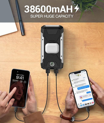Solar Charger Power Bank -38600mAh Solar Phone Charger Built in 3 Cables Waterproof Outdoor External Battery Pack with 4 Outputs 2 Inputs USB C 15 W Powerbank with Camping Light Compass