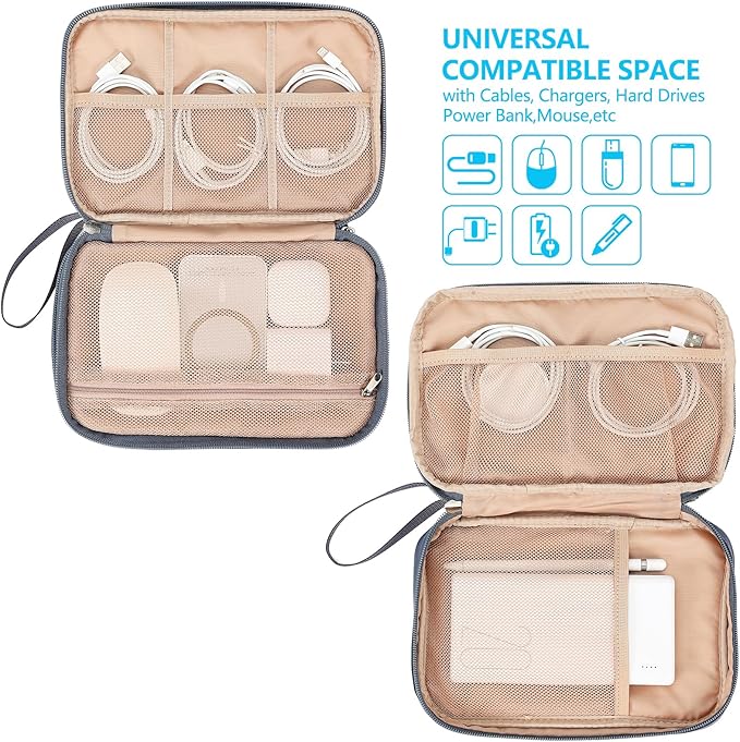 NISHEL Travel Cord Organizer Case, Double Layers Tech Electronic Bag, Essentials for Charger, Cable, Phone, Flash drive, Large, Aegean-Blue