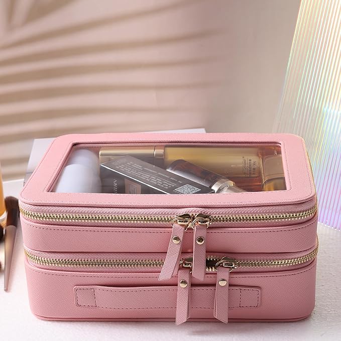 SANHECUN Clear Travel Toiletry bag Toiletry Case Carry on Travel Accessories Bag Makeup Bag Dimensions | LxWxH:9” x 6” x 4.2” (Pink, SHC-TL-2)