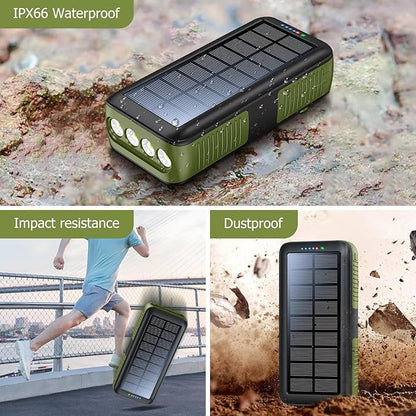 Solar Charger Power Bank 63200mAh, Portable Charger with Dual Outputs & Dual Inputs 4 LEDs Flashlight, Hand Crank Power Bank Fast Charging Battery Pack for Outdoor Camping Survival Gear (army green)