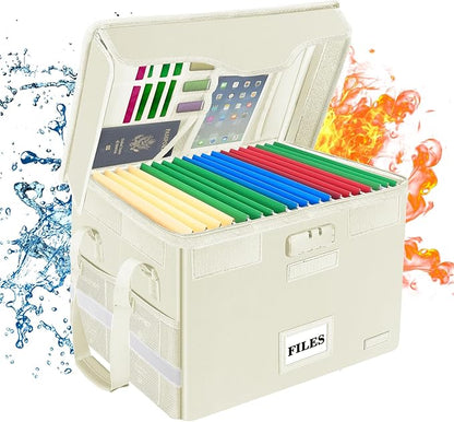 DocSafe Fireproof Document Box with Lock,File Storage Organizer with Zipper Pockets,Collapsible Portable File Box Home Office Safe Filing Cabinet with Handle for Hanging Letter/Legal Folders,Beige