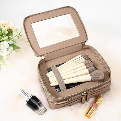 Aveniee Large Clear Makeup Bags, Double Layer Cosmetic Bags with Separate Brush Compartment,Travel Toiletry Bag Train Case,Travel Accessories Organizer for Women,2 Layers,Brown