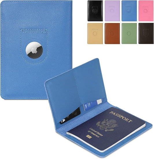 Full Grain Leather AirTag Passport Holder Wallet Cover for Men and Women Travel, Passport Holder with AirTag Slot Passport Wallet, Travel Essentials Genuine Leather Passport Cover Gifts (Blue)