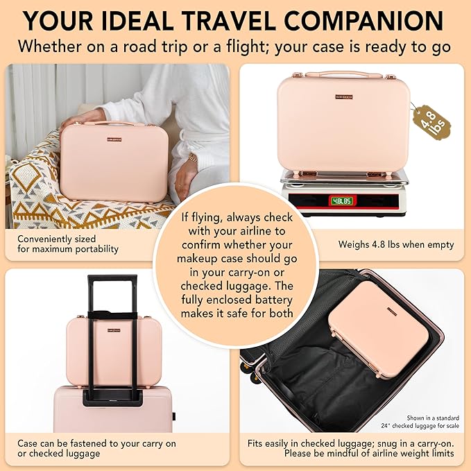 Lighted Makeup Case with Mirror - Large Size 13.4" x 10.2" - Travel Makeup Case With Mirror - Rechargeable LED Travel Vanity Case with Adjustable Brightness - Train Case Makeup Bag - Pink