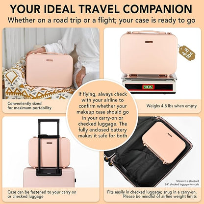 Lighted Makeup Case with Mirror - Large Size 13.4" x 10.2" - Travel Makeup Case With Mirror - Rechargeable LED Travel Vanity Case with Adjustable Brightness - Train Case Makeup Bag - Pink