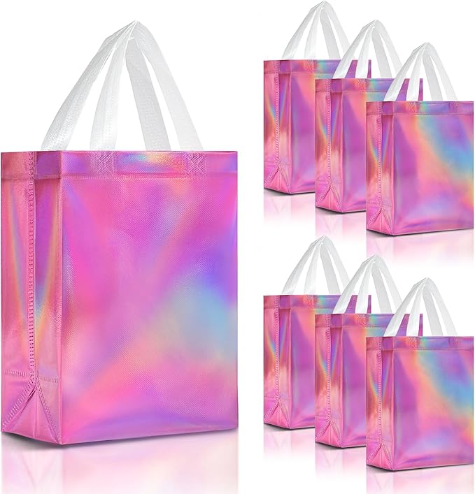Nush Nush Pink Iridescent Gift Bags Bulk Medium Size – Set of 30 Reusable Holographic Pink Gift Bags Bulk With Handles - For Small Business, Bridal Shower, Birthday Party Favor, Christmas – 8x4x10