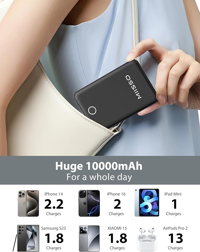 miisso 10000mAh Compatible with iPhone 15/16/17 and Android, Slim Portable Charger with Built in Cable, Power Bank Travel Charger External Battery Pack for Phone, 3 Output USB Type C Cord, Black