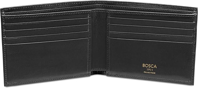 Bosca Men's Old Italian Leather Wallet RFID Blocking Modern Bifold Executive Design 8 Card Slots, Made in Italy - Black