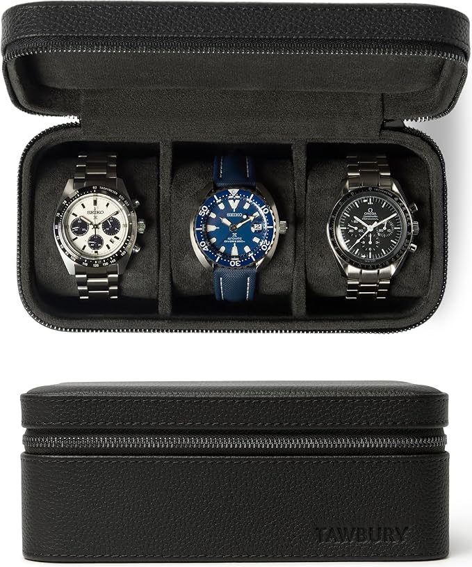 TAWBURY 3 Watch Case for Men – Luxury Leather Watch Travel Case for Men | Black Watch Cases for Men Travel | Traveling Watch Holder for Men | Black Watch Roll Case | 3 Watch Box for Men Travel