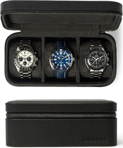 TAWBURY 3 Watch Case for Men – Luxury Leather Watch Travel Case for Men | Black Watch Cases for Men Travel | Traveling Watch Holder for Men | Black Watch Roll Case | 3 Watch Box for Men Travel