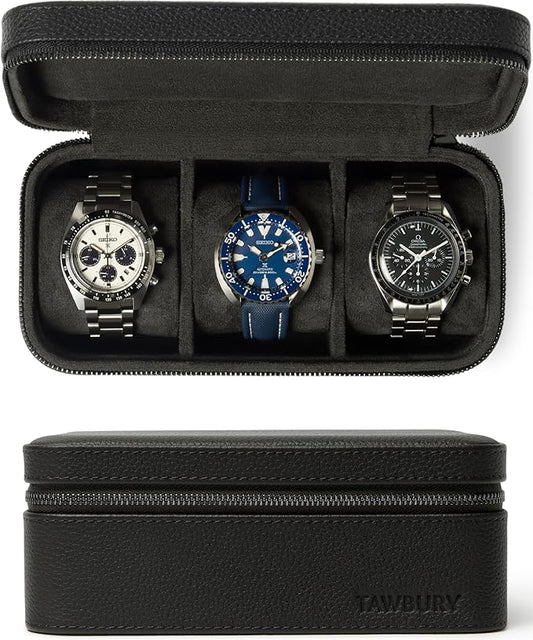 TAWBURY 3 Watch Case for Men – Luxury Leather Watch Travel Case for Men | Black Watch Cases for Men Travel | Traveling Watch Holder for Men | Black Watch Roll Case | 3 Watch Box for Men Travel