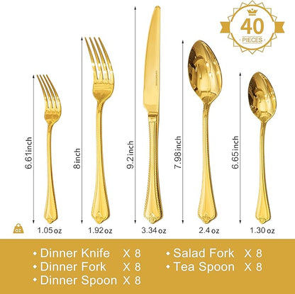 KINGSTONE Gold Silverware Set, 40-piece 18/10 Stainless Steel Flatware Set Cutlery Set for 8, for Kitchen, Home, Wedding, Party, Mirror Polished and Dishwasher Safe, Featured Gifts