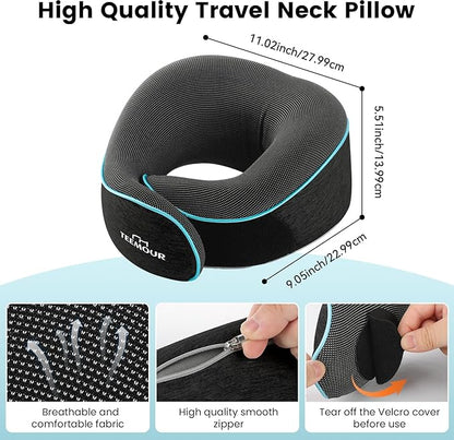 Travel Neck Pillow for Airplane -360° Support, Stocking Stuffers, Memory Foam Travel Pillows for Airplanes With Eye Mask & Earplugs, Portable Carry Bag for Long Flights/Car| Best Airplane Accessories