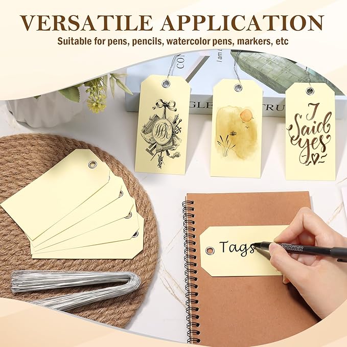 1000 pcs Paper Luggage Tags Ivory Paper Tags Shipping Tags with Wire 4 3/4" x 2 3/8" Blank Manila Hang Tags for Labeling White Labels with String Attached Wire Labels for Clothing Inventory