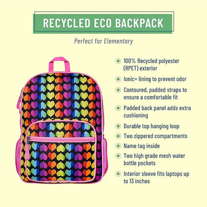 Wildkin ECO rPET Kids Backpack – Recycled, Padded, Adjustable for School & Travel – Rainbow Hearts