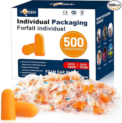 VOISEN Ear Plug,500 Pairs Ear Plugs for Sleeping,32dB NRR 37dB SNR Ear Plugs Noise Cancelling for Snoring, Studying, Loud Events, Traveling & Concerts, Individual Package