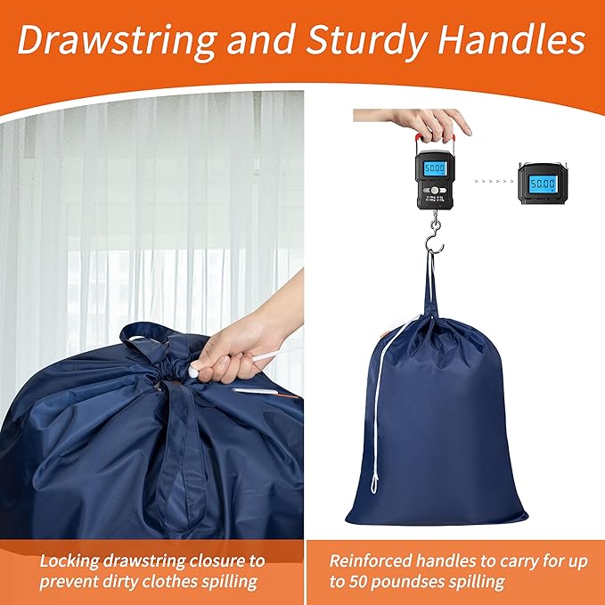 Polecasa Heavy Duty Large Laundry Bag with 130gsm Tear Resistant Fabric and Handles, Easy to Carry Dirty Clothes Drawstring Bag,Perfect for College Dorm, Travel, 2 Pack 28”x36”, Navy