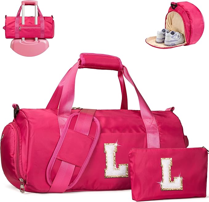 Holiday Gifts for Teen, Girls Travel Duffel Bag, Kids Initial Overnight Bags with Shoe Compartment, Customized Sport Gym Weekender Bag with Makeup Pouch, Trendy Stuff for Tween (Letter L)
