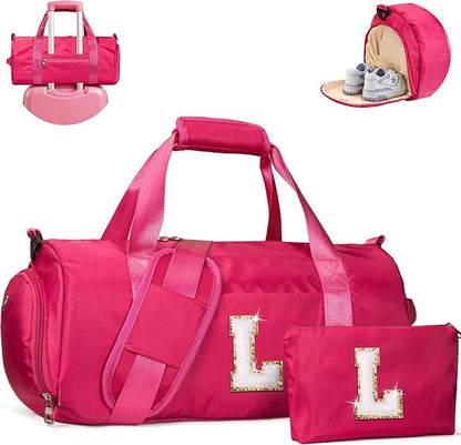 Holiday Gifts for Teen, Girls Travel Duffel Bag, Kids Initial Overnight Bags with Shoe Compartment, Customized Sport Gym Weekender Bag with Makeup Pouch, Trendy Stuff for Tween (Letter L)
