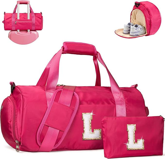Holiday Gifts for Teen, Girls Travel Duffel Bag, Kids Initial Overnight Bags with Shoe Compartment, Customized Sport Gym Weekender Bag with Makeup Pouch, Trendy Stuff for Tween (Letter L)