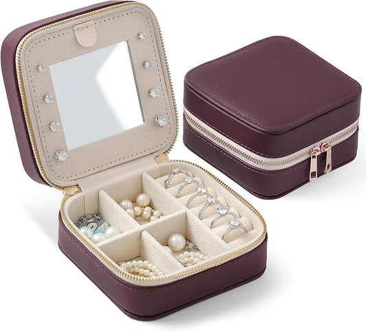 Genuine Leather Travel Jewelry Organizer Case with Mirror for Women, Small Mini Portable Jewelry Box for Ring Earrings Necklace Bracelet Luxury Gift for Women（Burgundy）