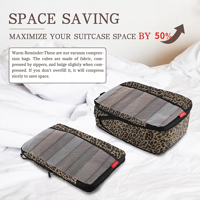 U+U 6 Set Compression Packing Cubes - Ultralight Travel Organizers with Laundry Bag, Space-Saving Suitcase Organizer, Expandable Packing Cubes for Travel, Business Trip and Family Vacation (Leopard)