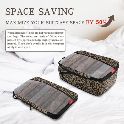 U+U 6 Set Compression Packing Cubes - Ultralight Travel Organizers with Laundry Bag, Space-Saving Suitcase Organizer, Expandable Packing Cubes for Travel, Business Trip and Family Vacation (Leopard)