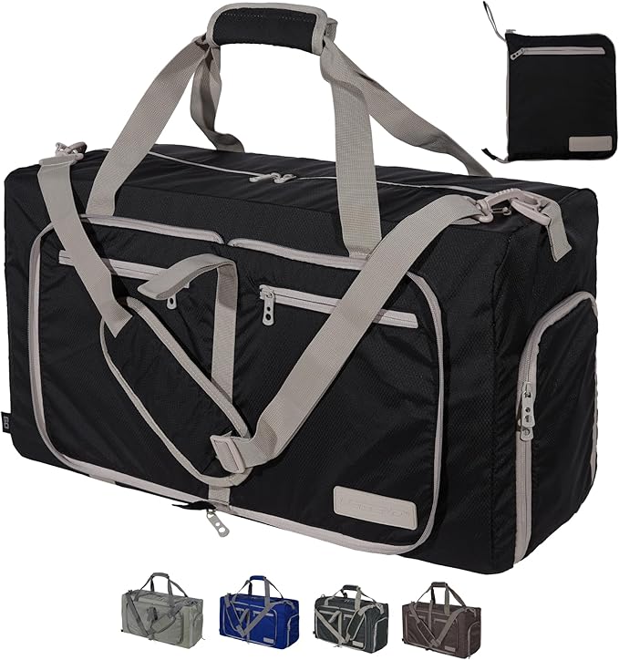 LEGEND 60L Foldable Duffle Bag for Travel - Packable Duffle Bags w/Shoe Compartment - Tear Resistant Collapsible Duffel Bags for Traveling - Lightweight Folding Duffel Bag for Men & Women -Black