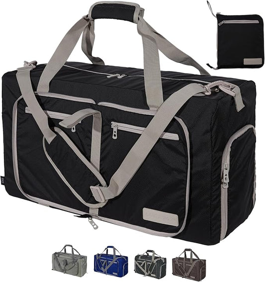 LEGEND 60L Foldable Duffle Bag for Travel - Packable Duffle Bags w/Shoe Compartment - Tear Resistant Collapsible Duffel Bags for Traveling - Lightweight Folding Duffel Bag for Men & Women -Black
