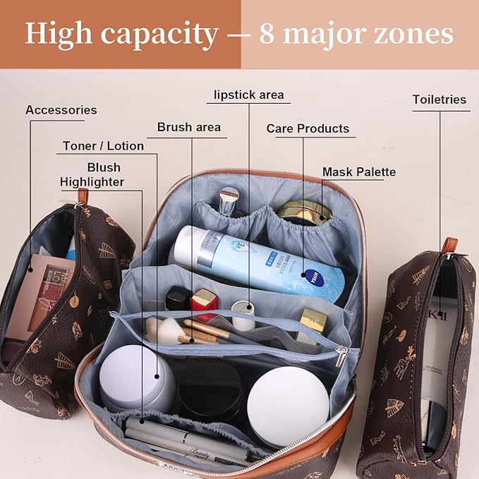 BOYATU Travel Makeup Bag Cosmetic Bags for Women: 3 Pcs Set Portable Make up Bag with Handle - Vegan Leather Toiletry Bags with Compartments - Makeup Organizer for Travel Essentials(L-1-Brown)