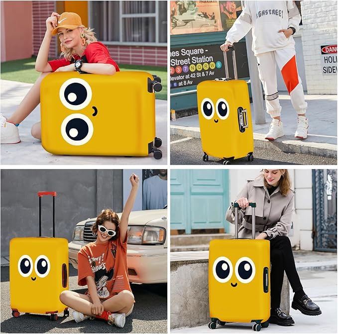 ANNA QUEEN Cute Smiley Face Luggage Cover, Yellow Cartoon Suitcase Protector with Big Eyes Design, Stretchable, Washable Travel Cover for 32-34 Inch Luggage