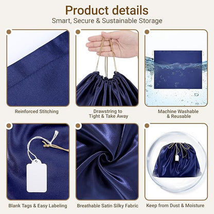 Ewen 7 Pack Satin Drawstring Shoe Bags with Tags, 19.6x15.7in Dust Bags for Handbags Travel Essentials, Dark Blue Packing Bag Dustproof Purse Shoes Organizer for Closet Home Storage and Organization