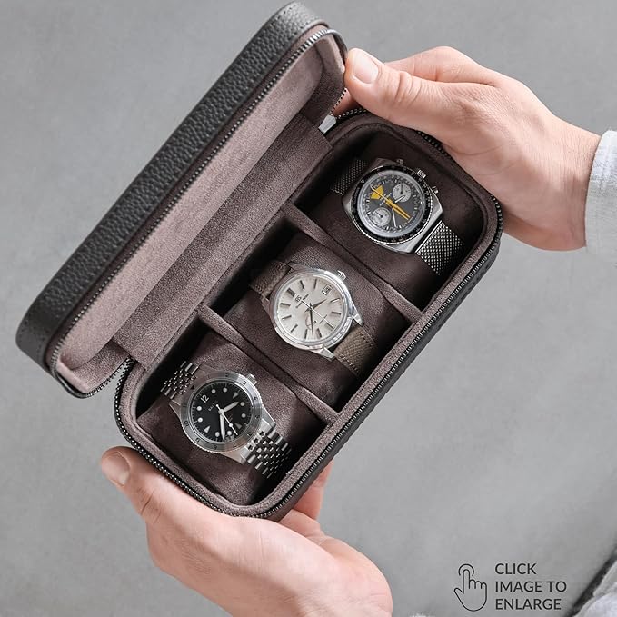 TAWBURY Watch Case - 3 Slot Genuine Top-Grain Leather Watch Travel Case for Men & Women with Metal Zipper and Extra Wide Pillows for Large Watches (Brown)