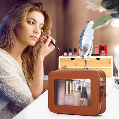 Pinkmik Travel Clear Makeup Bag with Brush Case TSA Approved Toiletry Bag Waterproof Cosmetic Organizer with Zipper Car Essential for Women (X/Brown, M+SLIM)